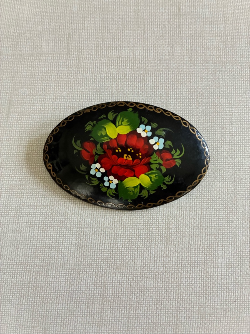 Vintage Russian Hand-Painted Floral Oval Brooch - Black with Red & Green